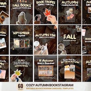Op de afbeelding: Een verzameling van vijftien vierkante social media sjablonen met herfstthema boekfotografie. Elk sjabloon bevat tekstoverlays zoals Autumn Reading Personality, Fall Books, Book Tropes en Autumn TBR, met warmgekleurde afbeeldingen van boeken, bladeren en gezellige settings.