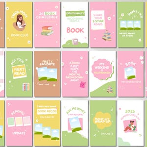 Puede incluir: Una colección de gráficos coloridos para redes sociales con temas relacionados con libros. Cada gráfico presenta texto como "Book Club", "20 Book Challenge" y "Reading is my favorite sport", junto con ilustraciones de libros e imágenes relacionadas.