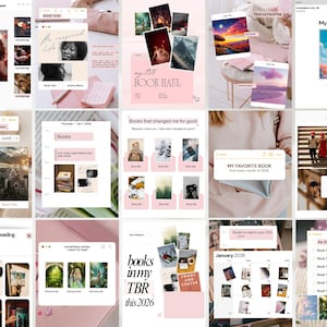 May include: A digital collection of book-themed social media templates featuring various layouts, pink and white color schemes, text boxes labeled Book Title and Author Name, and placeholders for book cover images and reading lists.