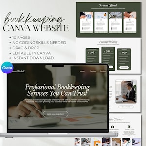 May include: A laptop displays a website design for bookkeeping services. The design includes sections for services offered, package pricing, and client testimonials. Text on the screen reads "Professional Bookkeeping Services You Can Trust."