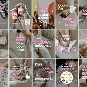 May include: A collage of fifteen social media posts featuring books, coffee, and cozy lifestyle imagery. The text overlays include phrases like 'i'm happy, i need a book', 'kinda chic to start a book club', 'books i'm begging you to read', and 'how my brain sounds'.