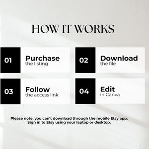 Peut inclure: Graphique informatif intitul&eacute; &laquo;&nbsp;COMMENT &Ccedil;A MARCHE&nbsp;&raquo; avec quatre &eacute;tapes&nbsp;: Acheter l'annonce, T&eacute;l&eacute;charger le fichier, Suivre le lien d'acc&egrave;s et Modifier dans Canva. Il est indiqu&eacute; que le t&eacute;l&eacute;chargement n'est pas possible via l'application Etsy.