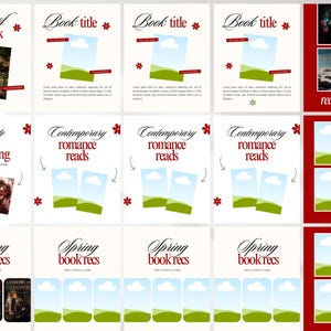 Puede incluir: Una colecci&oacute;n de portadas de libros y materiales promocionales. La imagen presenta varios dise&ntilde;os con texto como "Libro de la semana", "Qu&eacute; leer esta primavera" y "Romances contempor&aacute;neos". La combinaci&oacute;n de colores incluye rojo, blanco y verde.