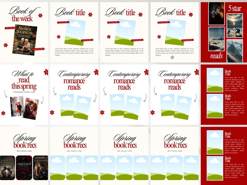Puede incluir: Una colecci&oacute;n de portadas de libros y materiales promocionales. La imagen presenta varios dise&ntilde;os con texto como "Libro de la semana", "Qu&eacute; leer esta primavera" y "Romances contempor&aacute;neos". La combinaci&oacute;n de colores incluye rojo, blanco y verde.