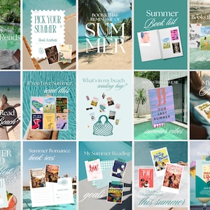 Op de afbeelding: Een collage van afbeeldingen met boeken met een zomerthema en leeslijsten. De afbeeldingen bevatten boeken met kleurrijke covers, een strandscène en een notitieboek met boekgerelateerde items. Tekst bevat "Summer Reads", "Summer Book List" en "Summer Romance".