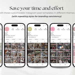 May include: Five smartphone screens displaying Instagram profile grids with various aesthetic themes, including text overlays and imagery related to books and reading, featuring the text Save your time and effort with these customizable instagram post templates in different themes (with repeating styles for branding consistency).