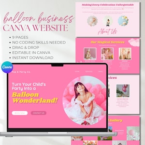 Pode incluir: Um laptop exibe um design de site rosa para um negócio de balões, com o texto "Transforme a festa do seu filho em um País das Maravilhas de Balões!" e "9 PÁGINAS". Páginas adicionais mostram serviços e uma galeria.