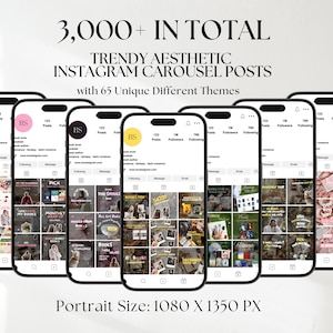 May include: A digital collection of 3,000+ trendy aesthetic Instagram carousel posts featuring 65 unique themes. The display shows seven smartphone screens arranged in a row, each showcasing different social media profile layouts and grid designs.