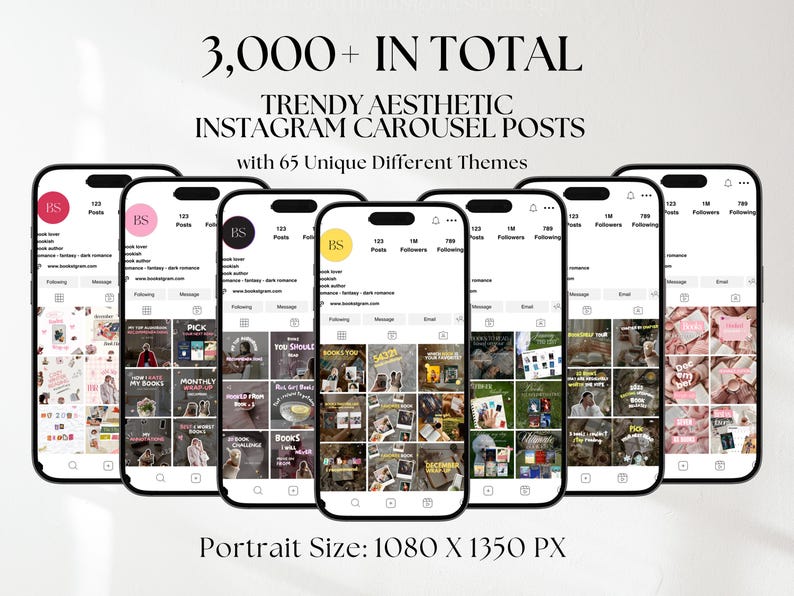 May include: A digital collection of 3,000+ trendy aesthetic Instagram carousel posts featuring 65 unique themes. The display shows seven smartphone screens arranged in a row, each showcasing different social media profile layouts and grid designs.