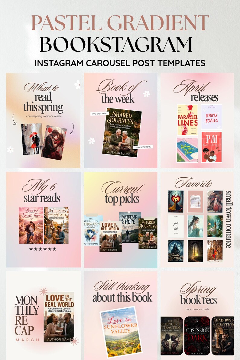 Pink Bookstagram Canva Templates Romance Carousel Post Kit Trendy Pink Gradient BookTok Templates Editable Reading Tracker & Review Kit