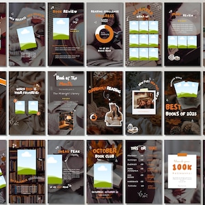 May include: A series of social media templates with a warm, autumnal aesthetic. The designs feature text such as "November Reading Journey", "Book Review", and "Best Books of 2025". The colour scheme includes warm browns and oranges.