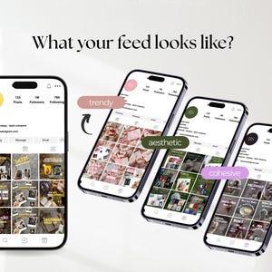 May include: Four smartphones displaying social media profile grids with the text What your feed looks like? above them. The screens show various book-themed content layouts with pink, green, and dark color palettes, connected by arrows and labels.