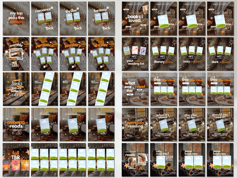 May include: A collection of digital social media templates for book reviews and reading lists, featuring autumn-themed backgrounds, placeholders for book covers, and text overlays including phrases like my top picks this autumn and book haul.