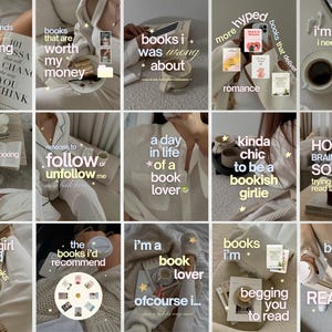 Può includere: Una raccolta di quindici grafiche per social media con immagini lifestyle di libri, caffè e abbigliamento comodo. Ogni riquadro include sovrapposizioni di testo in bianco e giallo con frasi come how life sounds to reading, books that are worth my money.