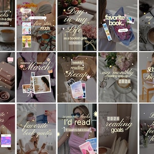 Può includere: Una collezione di quindici modelli grafici per social media con immagini a tema libro, sovrapposizioni di testo ed elementi estetici. I design includono vari layout con titoli come short books, favorite book, reading recap e reading goals.