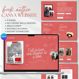 May include: A laptop screen shows a website template for authors, with a book cover titled "Just Us" and the author's name. The design uses red and white colours, with the text "Fall in love, one chapter at a time."