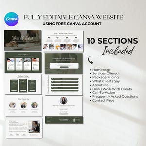 K&ouml;nnte beinhalten: Eine digitale Marketinggrafik, die eine vollst&auml;ndig bearbeitbare Canva-Website zeigt. Das Design umfasst 10 Abschnitte, wie z. B. eine Homepage, angebotene Dienste und eine Kontaktseite. Die Website wurde mit einem kostenlosen Canva-Konto erstellt.