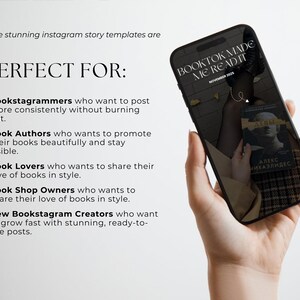 以下が含まれることがあります： スマートフォンは、BookTok Instagramストーリーテンプレートを表示しています。電話の画面には本の表紙と「BOOKTOK MADE ME READ IT」というテキストが表示されます。画像には、Bookstagrammers、著者、本愛好家向けのテンプレートの使用法を詳述したテキストも含まれています。