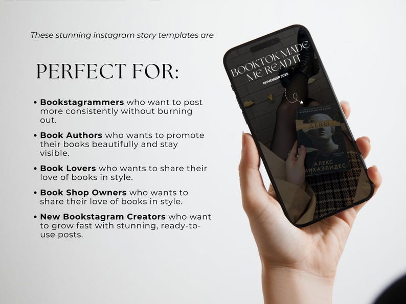 以下が含まれることがあります： スマートフォンは、BookTok Instagramストーリーテンプレートを表示しています。電話の画面には本の表紙と「BOOKTOK MADE ME READ IT」というテキストが表示されます。画像には、Bookstagrammers、著者、本愛好家向けのテンプレートの使用法を詳述したテキストも含まれています。