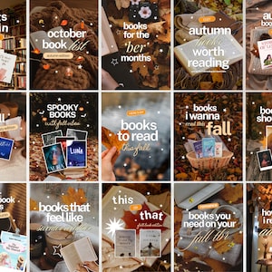 Puede incluir: Una colección de quince gráficos digitales con libros, hojas de otoño, mantas acogedoras y bebidas calientes. Cada imagen incluye superposiciones de texto blanco con frases como October book list, spooky books y books to read this fall.