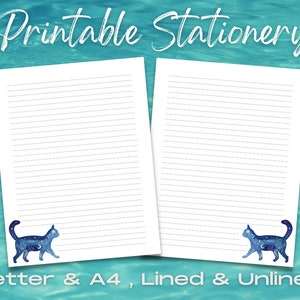 Juego de papelería Blue Celestial Cat, Papel de papelería imprimible, Escritura de cartas digitales, Papel de diario imprimible, Juego estacionario imprimible