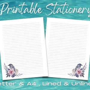 Floral Raven Stationery Set, Printable Stationery Paper, Digital Letter Writing, Printable Journal Paper, Printable Raven Stationary Set
