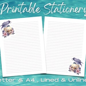 Floral Raven Skull Stationery Set, Printable Stationery Paper, Digital Letter Writing, Printable Journal Paper, Printable Stationary Set