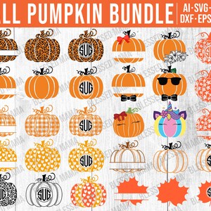 May include: A set of 20 printable pumpkin SVG files. The pumpkins are decorated with various patterns, including leopard print, plaid, hearts, and flowers. Some pumpkins have a monogram in the centre. The text "FALL PUMPKIN BUNDLE" is at the top of the image.