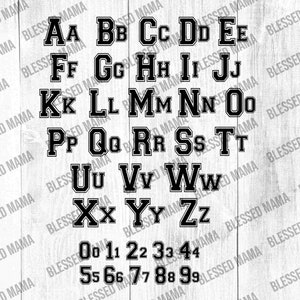 May include: Black and white varsity style alphabet letters and numbers. The letters are uppercase and the numbers are in a bold font.