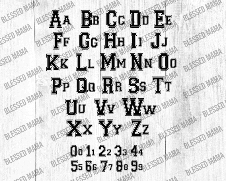 May include: Black and white varsity style alphabet letters and numbers. The letters are uppercase and the numbers are in a bold font.