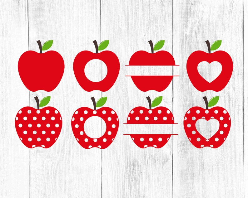 Może przedstawiać: Zestaw ośmiu plik&oacute;w SVG do cięcia czerwonych jabłek. Jabłka mają r&oacute;żne wzory, w tym kropki, serca i puste miejsca do personalizacji.