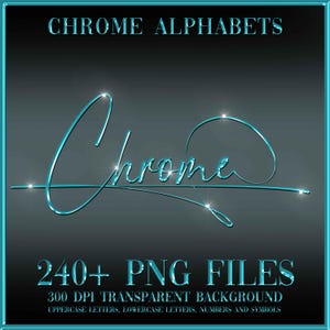 Puede incluir: Un gráfico digital con las palabras "Chrome Alphabets" en una fuente brillante de color turquesa. La palabra "Chrome" está escrita en un estilo cursivo. La imagen también incluye el texto "240+ PNG FILES" y "300 DPI TRANSPARENT BACKGROUND".