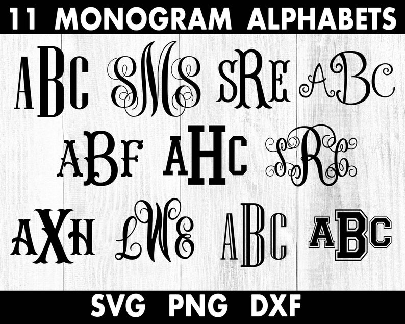 May include: Eleven monogram alphabet designs in black on a white woodgrain background. The designs include various styles of the letters ABC, SMS, SRE, ABF, AHC, SR, AXH, LW, and ABC.