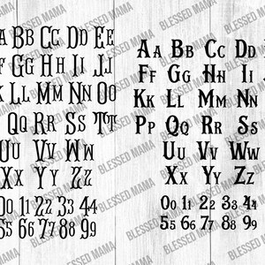 May include: A black and white alphabet chart with uppercase letters A through Z and numbers 0 through 9. The letters and numbers are in a decorative font with a serif style.