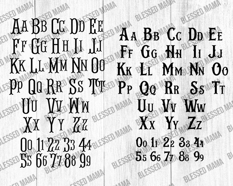 May include: A black and white alphabet chart with uppercase letters A through Z and numbers 0 through 9. The letters and numbers are in a decorative font with a serif style.
