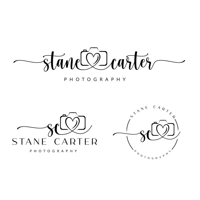 May include: Black and white logo design for a photography business called "Stane Carter Photography". The logo features a stylised camera with a heart in the lens. The name "Stane Carter" is written in a cursive font.