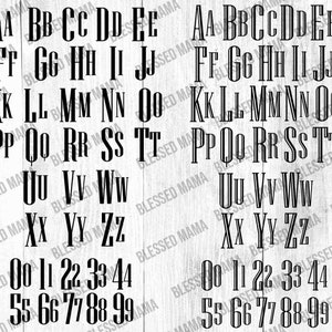 May include: A black and white alphabet font with uppercase letters and numbers. The font is displayed on a woodgrain background.
