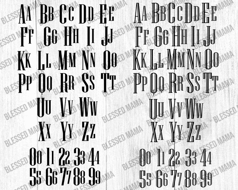 May include: A black and white alphabet font with uppercase letters and numbers. The font is displayed on a woodgrain background.