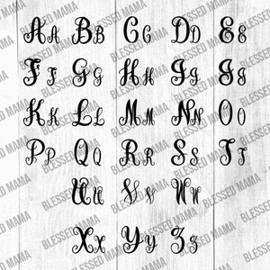 May include: A set of 26 black and white alphabet letters in a cursive font. Each letter is displayed on a white wood background with the text "Blessed Mama" repeated around the edges.