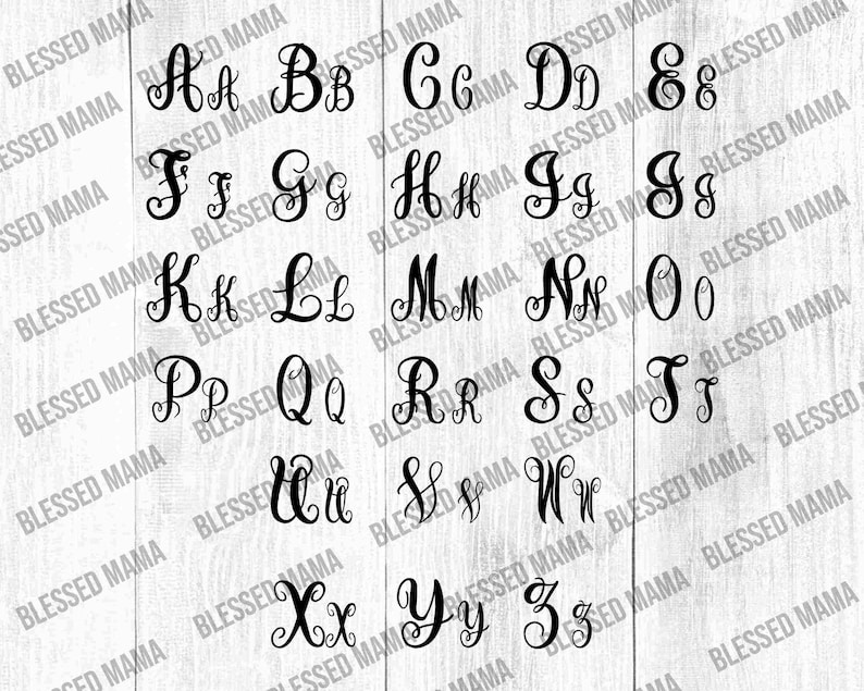 May include: A set of 26 black and white alphabet letters in a cursive font. Each letter is displayed on a white wood background with the text "Blessed Mama" repeated around the edges.