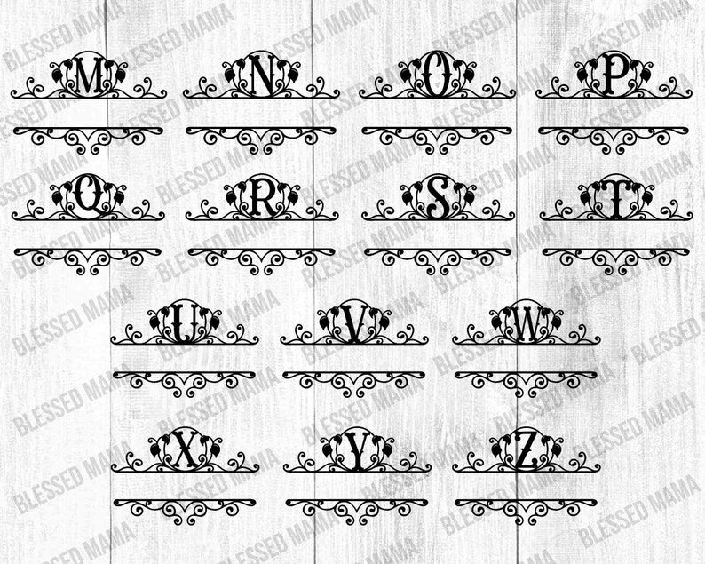 May include: A set of 26 black metal monogram initials with a decorative scroll design. Each initial is surrounded by leaves and sits on a decorative scrollwork base.