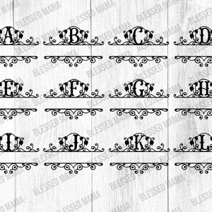 May include: A set of 12 black and white monogram letter designs with a floral flourish. Each letter is in a circle with a decorative border. The letters are A through L.