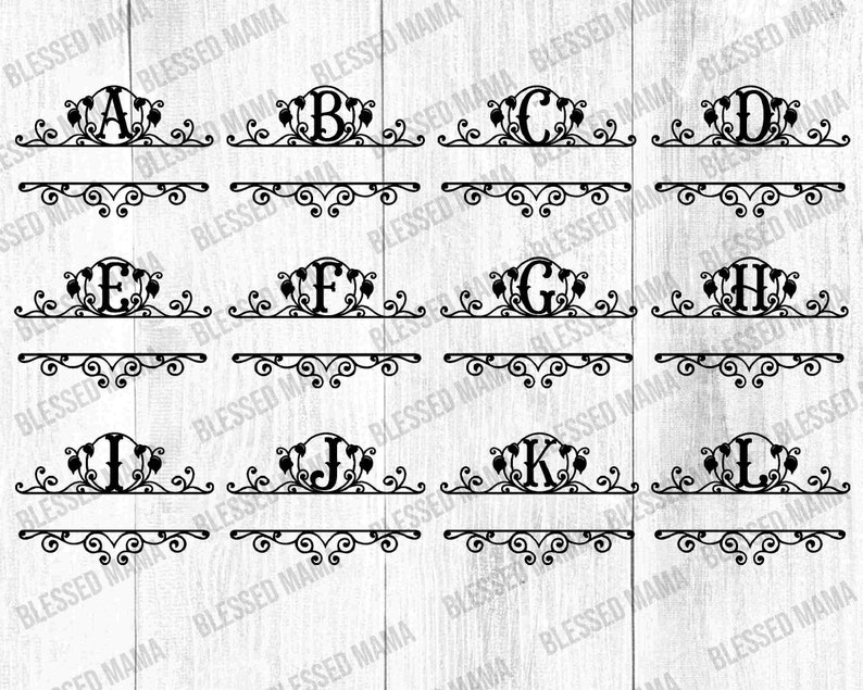 May include: A set of 12 black and white monogram letter designs with a floral flourish. Each letter is in a circle with a decorative border. The letters are A through L.