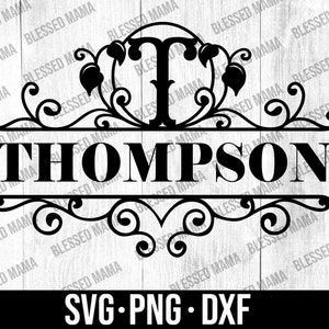 May include: Black and white monogram design with a decorative flourish and the name "THOMPSON" in a bold font. The design includes a stylized letter "T" in a circle.