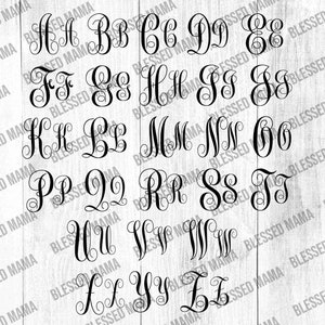 May include: A set of 26 black and white calligraphy style alphabet letters. Each letter is a monogram with a decorative flourish. The letters are on a white wood background.
