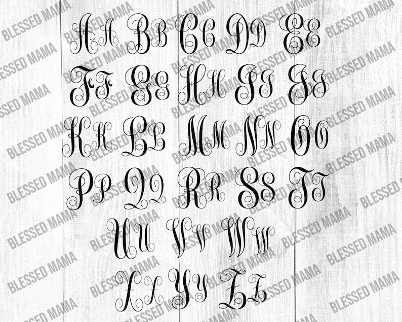 May include: A set of 26 black and white calligraphy style alphabet letters. Each letter is a monogram with a decorative flourish. The letters are on a white wood background.