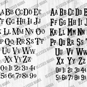 May include: A black and white alphabet and number font chart with the words "Blessed Mama" repeated around the edges.