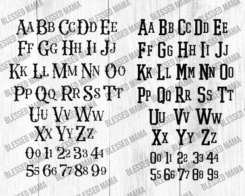 May include: A black and white alphabet and number font chart with the words "Blessed Mama" repeated around the edges.