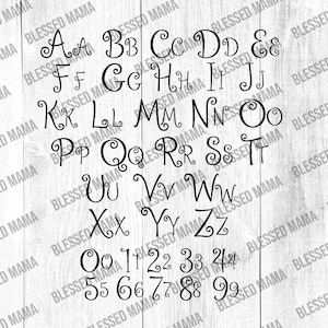 May include: A black and white alphabet and number set with a decorative, curly font. The letters and numbers are arranged in alphabetical and numerical order.