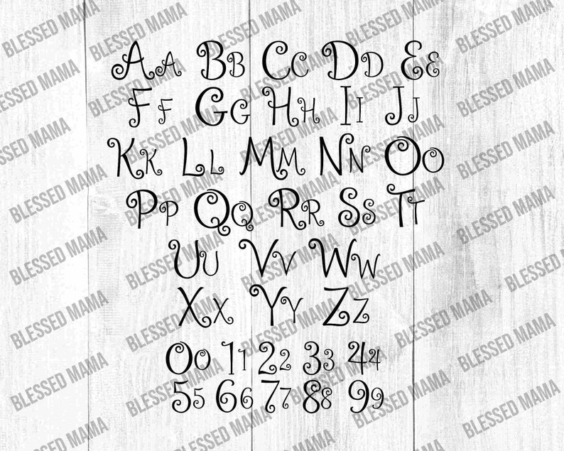 May include: A black and white alphabet and number set with a decorative, curly font. The letters and numbers are arranged in alphabetical and numerical order.